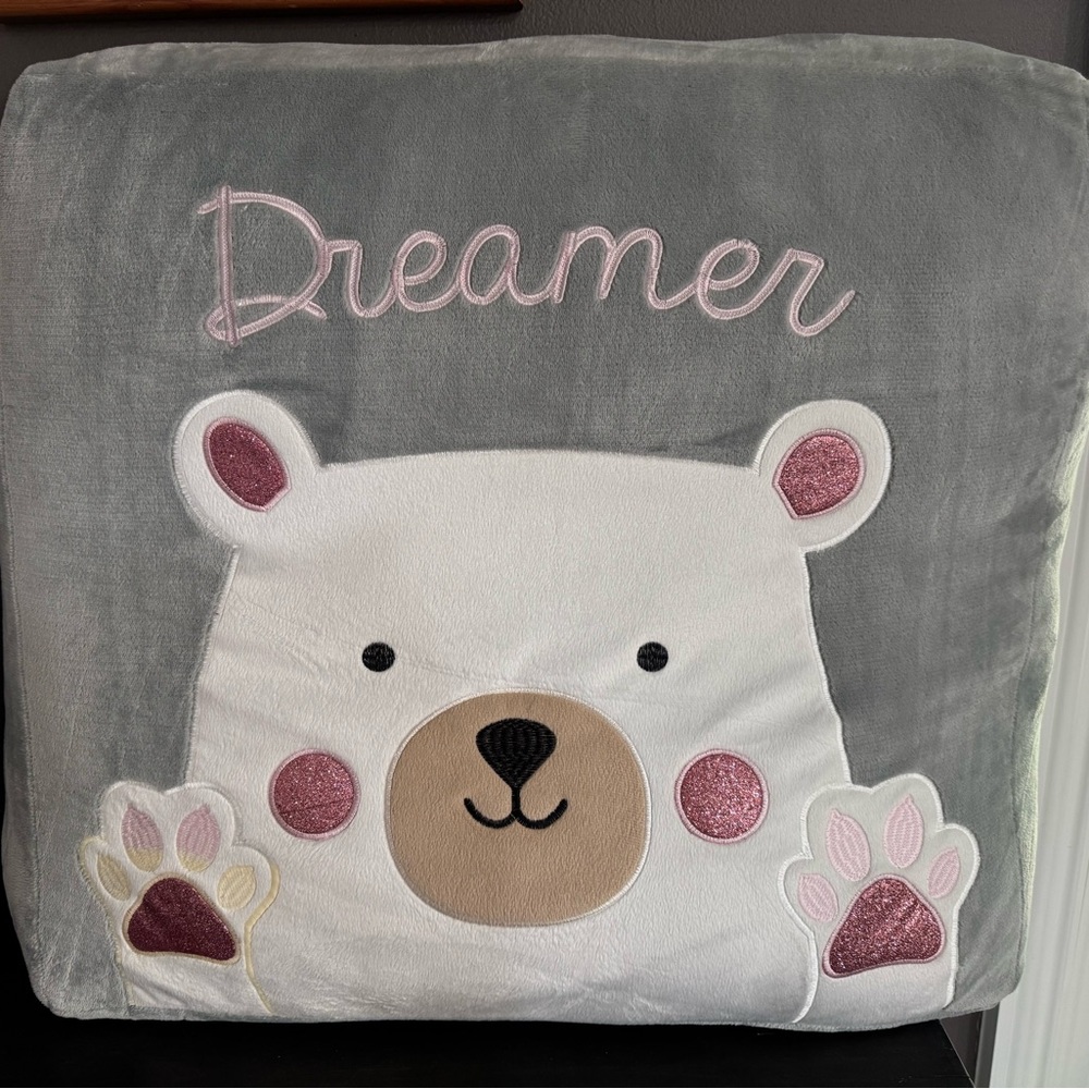 American Kids Dreamer plush floor pillow 2ft‎ x 2ft gray, white, and soft pink